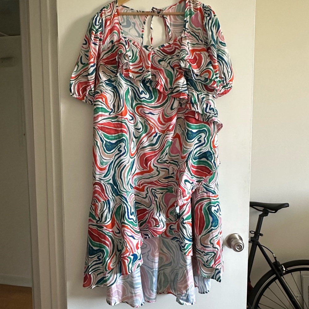 NWT June + Vie Printed Watercolor Marble Multicolor Hi-Low Ruffle Midi Dress - Picture 6 of 11